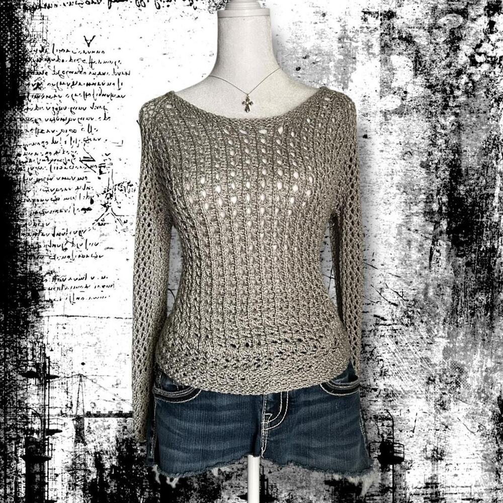 crochet weave metallic grey open knit light sweater top